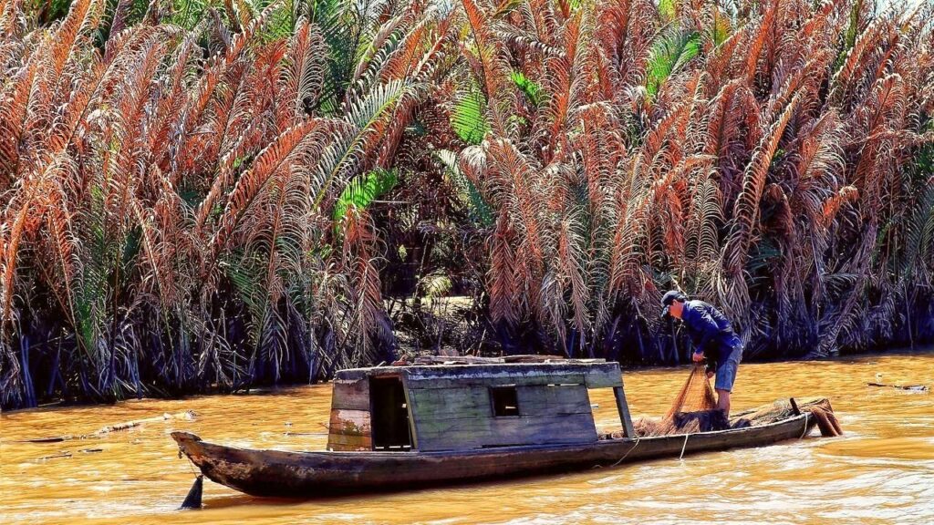 A small fishing boat on the river, seen on a Ben Tre Day Trip.