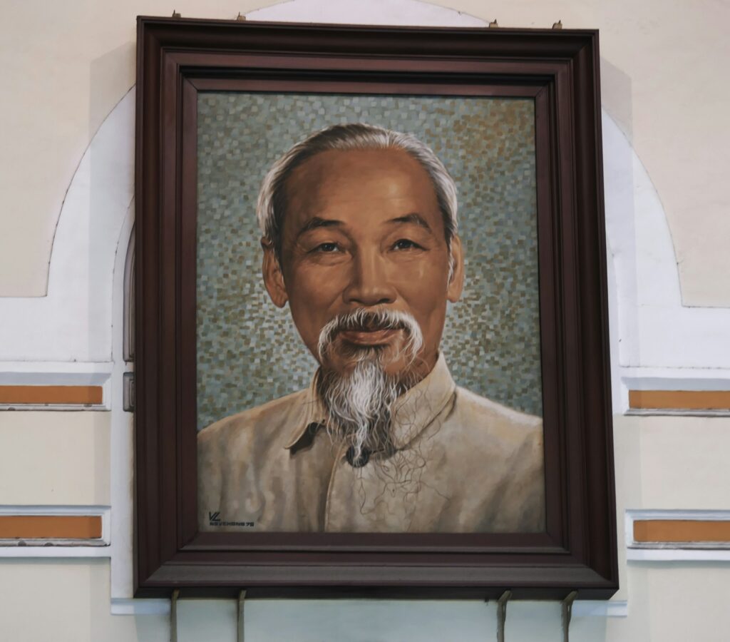 A portrait of Ho Chi Minh from inside Saigon's Central Post Office